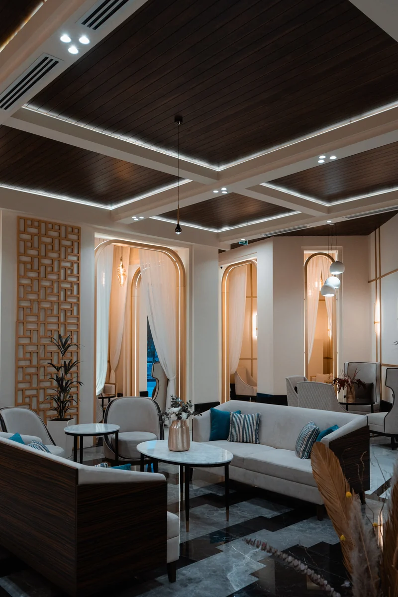 A lounge with lattice wooden panels
